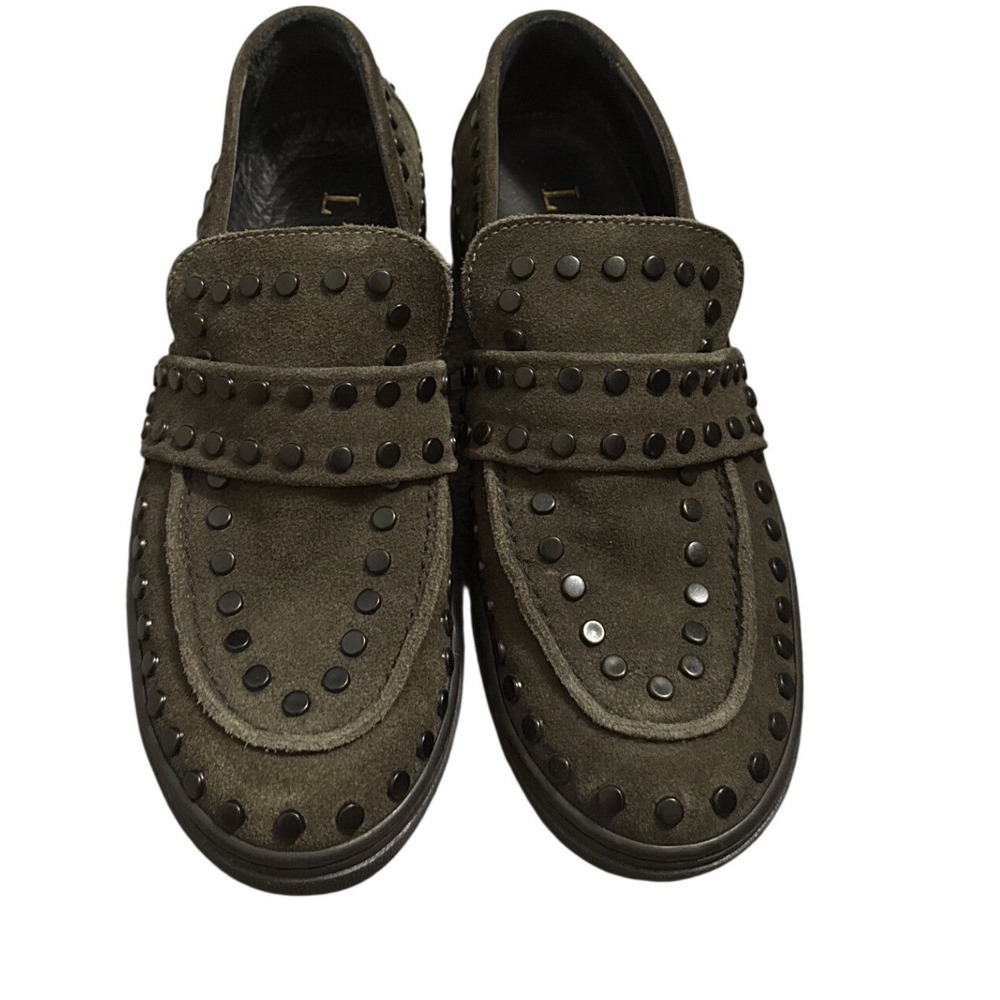 L'idea by Lori Women Olive Green Suede Studded Loafers Platform Shoes Size 37